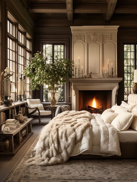 Fancy Cozy Bedroom, Luxe Cottage Interior, Rich Looking Bedroom, Modern Bedroom Design Master Living Rooms, Fire In Bedroom, Small Elegant Homes Interiors, Lux Home Design, French Room Design, Monochromatic Master Bed