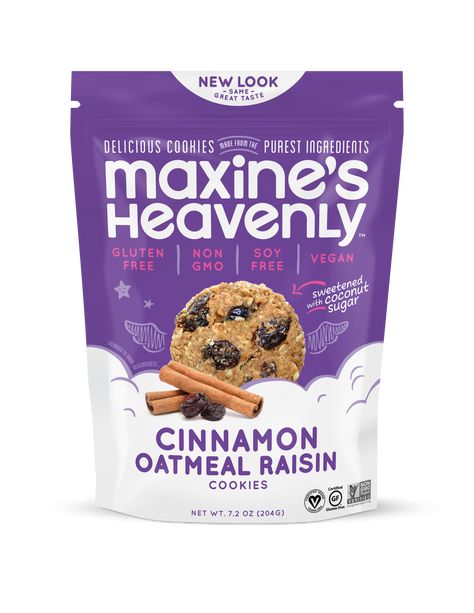 Gluten-Free Maxine's Heavenly Oatmeal Raisin Cookies Biscuits Packaging, Soft Baked Cookies, Organic Coconut Sugar, Cinnamon Oatmeal, Soft Bakes, Oatmeal Raisin Cookies, Raisin Cookies, Cookie Packaging, Oatmeal Raisin