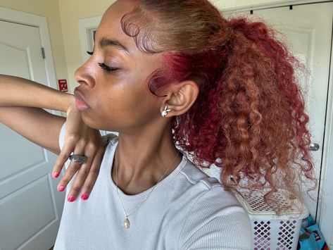 Brown And Red Skunk Stripe, Peak A Boo Color On Natural Hair, Blond And Burgundy Hair, Brown Hair With Red Peekaboos, Blonde And Red Hair Peekaboo, Brown And Pink Hair Curly, Peekaboo Hair Color Locs, Red And Honey Blonde Hair Color, Dyed Hairstyles For Black Women