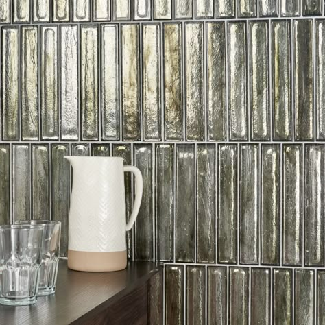 Komorebi Brick Rainforest Dew Metallic 2x12 Subway Look Polished Glass Tile | Tilebar.com Smoked Glass Backsplash, Mercury Glass Tile, Kitchen Island Tile, Beverage Bar Ideas, Glass Subway Tile Backsplash, Metallic Tile, Mirrored Subway Tile, Ortho Office, Kitchen Scullery