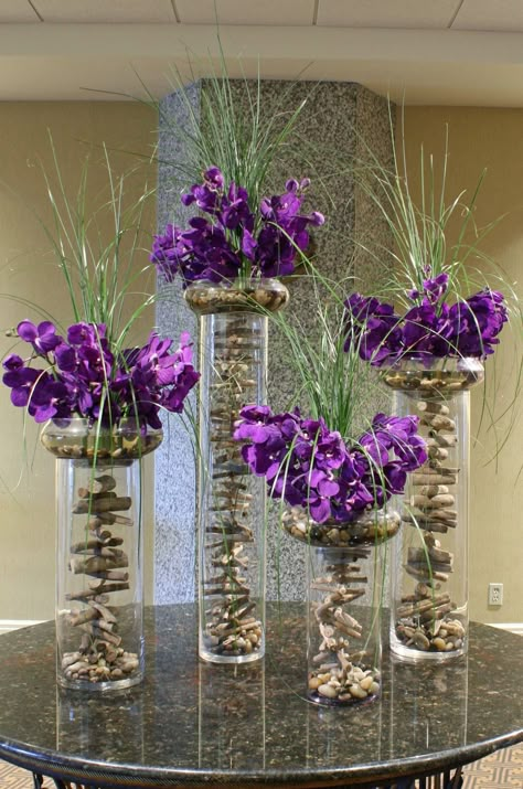 Purple Flower Arrangements, Orchids In Water, Contemporary Flower Arrangements, Modern Arrangements, Hotel Flowers, Corporate Flowers, Orchid Arrangements, Modern Flower Arrangements, Blue Orchids