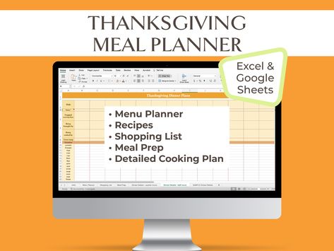 Recipe Spreadsheet, Google Sheets Meal Plan Template, Thanksgiving Spreadsheet, Thanksgiving Dinner Planner, Thanksgiving Meal Planner, Daily Planner Spreadsheet, Holiday Meal Planning, Shopping List Planner, Menu Recipes