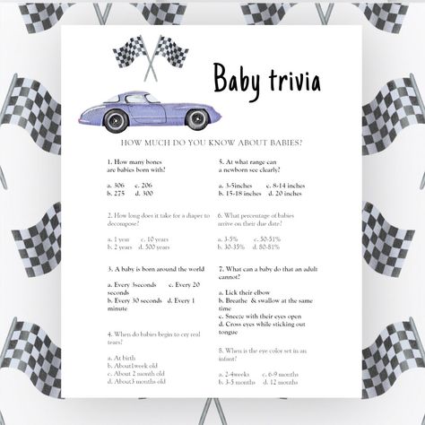 Race car baby shower Baby Trivia Game Nascar Baby Shower Ideas, Race Car Baby Shower Theme, Vintage Car Baby Shower Theme, Race Car Baby Shower Ideas, Baby Trivia Game, Baby Trivia, Race Flag, Violet Vintage, Race Car Themes