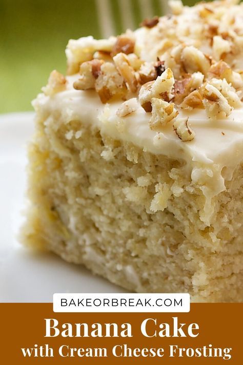 This might just be the best snack cake I’ve ever had! A dense banana cake is topped with a layer of whipped cream cheese frosting for a simple treat you’ll want to make again and again. Banana Nut Cake With Cream Cheese Frosting, Banana Cake With Frosting, Banana And Pecan Cake, Banana Cake 8x8 Pan, Banana Blondies Cream Cheese Frosting, Banana Cake Bread, Frosted Banana Cake, Desserts With Old Bananas, Cream Cheese Frosting For Banana Cake