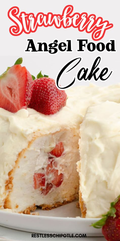 Angle food cake with a piece missing, white frosting and fresh cut strawberries on top. With Pinterest overlay. Angel Food Cake Frosting, Strawberry Angel Food Cake Dessert, Strawberry And Whipped Cream, Strawberry Angel Food Cake, Bakery Style Cake, Strawberries And Whipped Cream, Angel Food Cake Desserts, Strawberry Cake Filling, Cream Cheese Frosting Easy