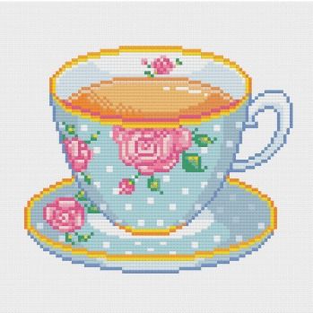 English Teacup Flowers Blue Polka Cross Stitch Pattern - The Pattern Club Teapot Cross Stitch Patterns Free, Teacup Embroidery Pattern, Tea Cup Cross Stitch, Tea Time Cross Stitch, Teacup Cross Stitch Pattern, Banana Split Ice Cream, Teacup Flowers, Cupcake Cross Stitch, Colorful Macarons