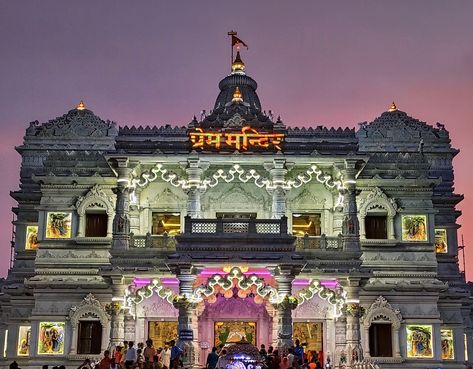 Imbued with elegance and grandeur, the Prem Mandir is a massive temple that was shaped by Jagadguru Shri Kripaluji Maharaj in the year 2001. Known as "Temple of God's love", this grand religious place is dedicated to Radha Krishna as well as Sita Ram. Located in Vrindavan, the holy city in the district of Mathura in Uttar Pradesh, the temple is enveloped with piousness and serenity. This newly constructed temple is the most beautiful in the entire Brij area and is crowded with devotees during th Vrindavan Temple Photography, Mero Vrindavan Images, Prem Mandir Vrindavan Photography, Prem Mandir Night View, Prem Mandir Vrindavan Radha Krishna, Prem Mandir Vrindavan Aesthetic, Mathura Vrindavan Photography, Iskon Temple Vrindavan, Prem Mandir Vrindavan Hd