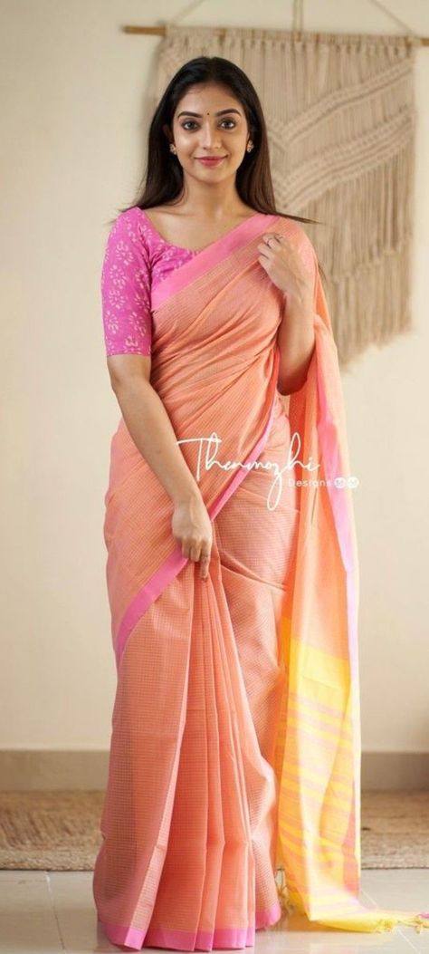 Saree For Short Height Women, Purple Silk Saree, Contrast Outfit, Power Pose, Cotton Saree Blouse Designs, Cotton Saree Blouse, Clothing Tips, Fancy Saree, Simple Frocks