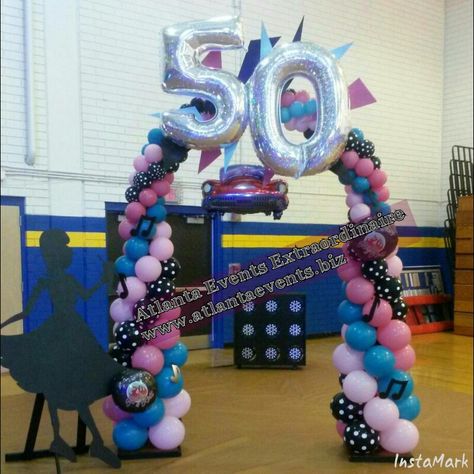 50s Themed Balloon Arch www.atlantaevents.biz 50s Background, Background Balloons, Balloon Columns, Balloon Decor, Balloon Arch, Balloon Decorations, Arch, Balloons