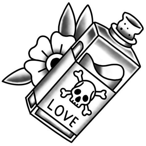 American Traditional Poison Bottle, Love Potion Tattoo Traditional, Love Potion Number 9 Tattoo, Love Is Poison Drawing, Love Potion Tattoo Bottle, Love Poison Tattoo, Poison Bottle Tattoo Design, Danger Tattoo, Tattoo Design Drawings Unique