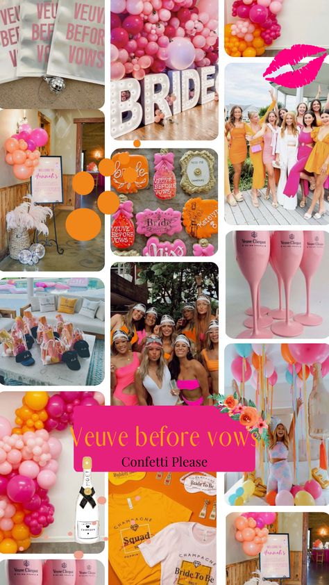 Bachelorette Mood Board, Veuve Party, Veuve Before Vows, Champagne Bachelorette Party, Vows Ideas, Tea Party Outfit, Orange Champagne, Retro Bridal Showers, Hens Party Themes