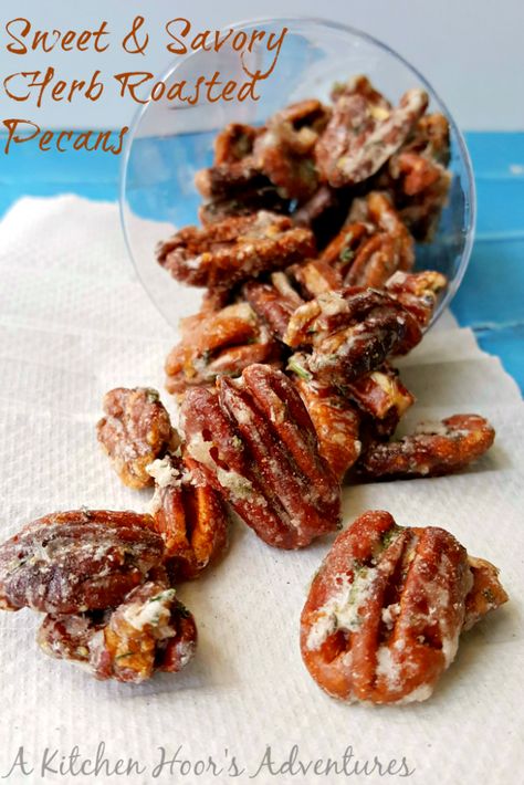 Almonds are so last year! Sweet and Savory Herb Roasted Pecans are the new go to work snack! They go toe to toe against almonds. I've paired some savory rosemary and thyme with orange zest and sugar coating to highlight the maple flavor in these pecans. Candied Pecans Recipe, Spicy Nuts, Spiced Pecans, Savory Herb, Roasted Pecans, Salad Toppings, Pecan Recipes, Candied Pecans, It Goes On