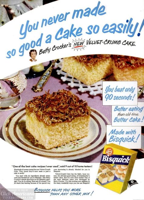 Vintage velvet crumb cake: A classic coffee cake recipe from 1952 - #vintage #classicrecipes #coffeecake #cakes #cakerecipe #bisquick #cakerecipe #classiccakes #vintagecakes #retrocake #fifties #1950s #1952 #breakfast #brunch #clickamericana Bisquick Velvet Crumb Cake Recipe, Velvet Crumb Cake, Classic Coffee Cake, Ic Recipes, Crumb Coffee Cakes, Retro Desserts, Crumb Cake Recipe, Bisquick Recipes, Best Cake Recipes