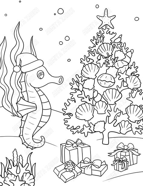 Holiday Drawings, Seahorse Christmas, Christmas Coloring Page, Ocean Coloring Pages, Beach Coloring Pages, Christmas Rocks, Christmas Beach, Christmas Rock, Animal Coloring