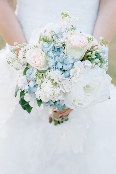 blue and white romantic wedding bouquet #bouquet #bride #weddingchicks http://www.weddingchicks.com/2014/04/10/blue-and-ivory-shabby-chic-wedding/ Pastel Weddings, Light Blue Bridesmaid Dresses, Light Blue Bridesmaid, Flower Types, Blue Wedding Bouquet, Light Blue Wedding, Blue Wedding Flowers, Wedding Flowers Summer, White Wedding Bouquets