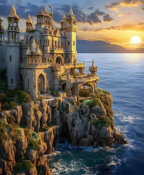 Fantasy Castle By The Sea, Kingdom By The Sea Aesthetic, Sea Castle Fantasy Art, Cliff Side Castle, Castle By The Ocean, Tropical Castle, Beach Kingdom, Coastal Castle, Ocean Castle