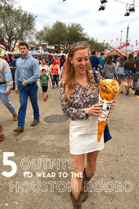 5 Outfits to Wear to the Houston Rodeo Houston Livestock Show And Rodeo Outfits, Rodeo Carnival Outfits, Mom Rodeo Outfit, What To Wear To Rodeo Outfits, Spring Rodeo Outfits For Women, Austin Rodeo Outfit, Outfit Ideas For Texas Trip, Hlsr Houston Rodeo Outfit, Rodeo Cookoff Outfit