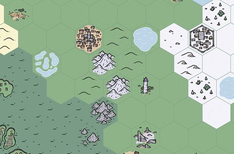 More hex tile map using my kit. I love drawing all the little cities and towns, each biome has its own versions of the towns, cities, farms, caves, dungeons, ruins and heaps more. maps, hex tiles, dungeons and dragons, ttrpg, osr, hexcrawl. Hex Map Tiles, Hex Map, Map Games, Hex Tile, Board Game Design, Love Drawings, Indie Games, Game Design, Board Games