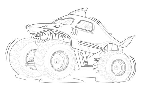 Shark Monster Truck, Monster Truck Drawing, Shark Monster, Monster Truck Art, Monster Truck Coloring Pages, Shark Drawing, Big Machines, Monster Coloring Pages, Shark Coloring Pages