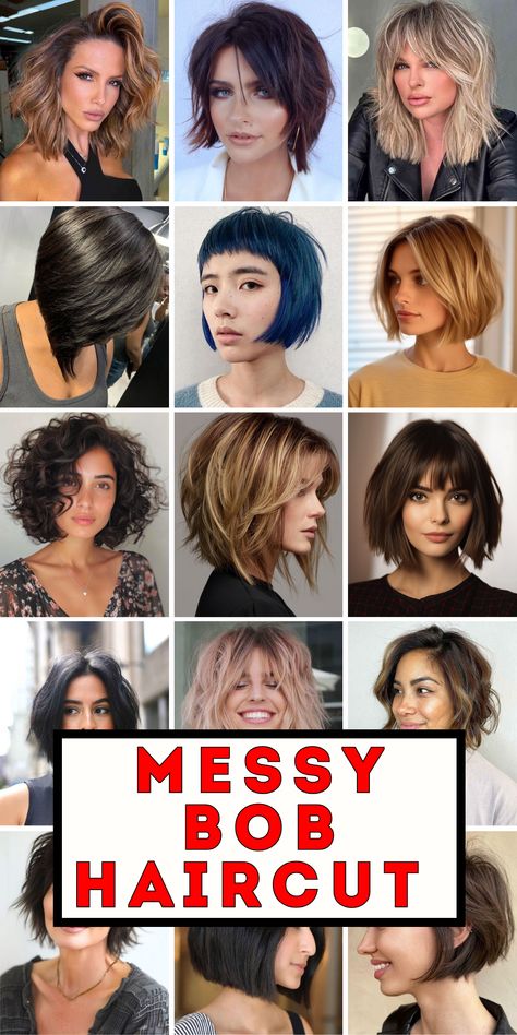 Discover 24 trendy messy bob haircut ideas for 2024, featuring choppy layers and bangs that add a playful, edgy look to any style. Whether you have fine or thick hair, these messy bob haircuts are perfect for creating a stylish, low-maintenance look. From short to medium choppy layers, these hairstyles are ideal for women who want a fresh, modern cut. Messy Inverted Bob Hairstyles, Messy Bob With Bangs Choppy Layers, Long Shaggy Bob Hairstyles, Rocker Bob Haircut, Shattered Bob With Bangs, Short Bob 2024 Trends, Bobs Haircuts 2024, Wolf Bob Haircut, Layered Bob Hairstyles For Thick Hair