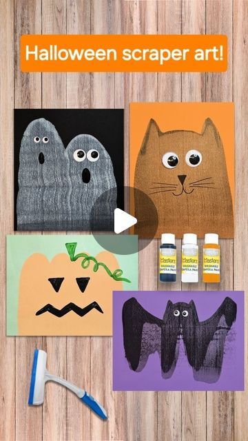 Kids Art Box | Arts & Crafts Kits on Instagram: "Looking for an easy and creative Halloween craft for your young artists? Check out these 4 super fun ways to make paint scraper art—ghosts, cats, pumpkins, and bats! 🦇🎃👻 Perfect for adding a spooky touch to your Halloween decorations, and the best part? Your kids can make them all by themselves!  All you need is paper, some paint, a squeegee, and some add-ons to decorate your Halloween creations!  🖌️ Which one will your child create first? Let us know in the comments! Don’t forget to share your masterpieces and tag us @MyKidsArtBox!  #HalloweenCrafts #ScraperArt #Kidsart #kidsactivities#halloweenart" Squeegee Ghost Painting, Painting With A Squeegee, Squeegee Painting For Kids, Halloween Process Art, Scraper Painting, Paint Scraper, Make Paint, Kindergarten Art Projects, Arts And Crafts Kits