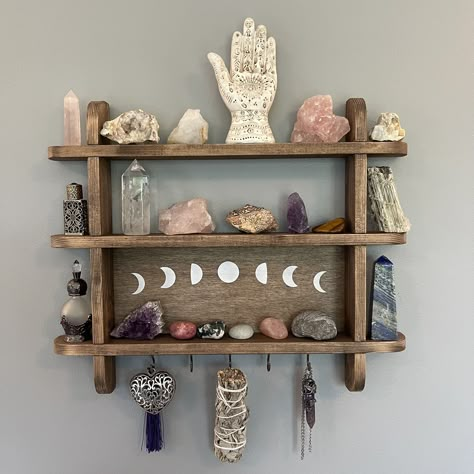 Spiritual Area In Bedroom, Moon Shelf For Crystals, Wall Crystal Display, Moon Wall Shelf, Crystal Shelves Diy, Shelf Ideas For Bedroom Floating Shelves, Witchy Minimalist Decor, Shelves Bedroom Aesthetic, Crystal Display Ideas Bedroom