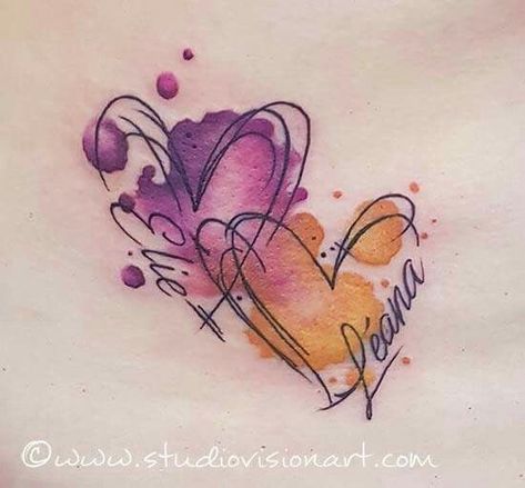 Watercolor Hearts Tattoo, Watercolor Couple Tattoo, Childrens Names Tattoo Ideas, Tattoo Childrens Names, Tattoo Ideas For Childrens Names, Tattoo Ideas For Your Children, Children Tattoo Ideas, Children Name Tattoo, Meaningful Tattoos For Moms With Kids