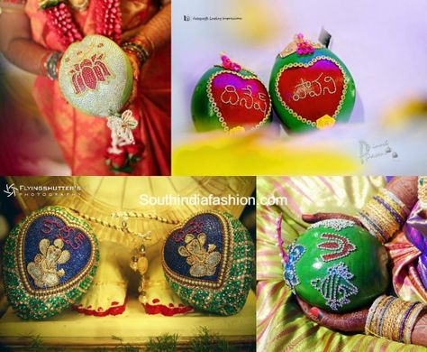 Coconut Decorations for south indian weddings Kobbaribondam Decoration, Decoration Wedding Indian, Coconut Decoration Ideas, Basket Decoration Wedding, Wedding Coconut, Coconut Painting, Saree Packing, Coconut Design, Leaf Decor Wedding