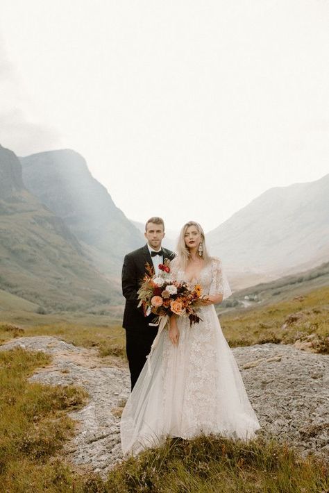 Stunning Scotland Highlands Elopement Inspiration – Alia PAIENDA – E and W Couture 22 Featuring the green, pastoral mountains of Scotland’s picturesque Highlands, here's why any nature-loving bride or groom would quickly choose Scotland as their wedding destination. #bridalmusings #bmloves #weddinginspo #weddinginspiration #nature Highlands Wedding, Highland Wedding, Earthy Wedding, Embroidered Wedding Dress, Scotland Wedding, Wedding Hashtag, Scotland Highlands, Bridal Musings, Scottish Wedding