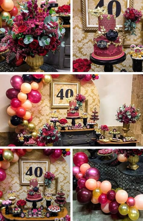 by Pequenos Luxos Ruby Jubilee 40th Birthday Party, Burgundy Birthday Decorations, 15th Birthday Ideas, Jubilee Ideas, Birthday Tablescape, Tall Gold Vases, Ruby Jubilee, 40th Birthday Balloons, Birthday Party Ideas For Kids