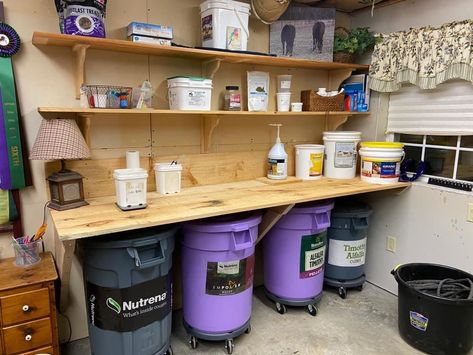 Grain Room Organization, Feed Room Storage Ideas, Horse Food Storage Ideas, Cattle Feed Storage, 12x12 Tack Room Ideas, Diy Horse Feed Storage, Feed Shed Organization, Organize Tack Room, Feed Shed Ideas