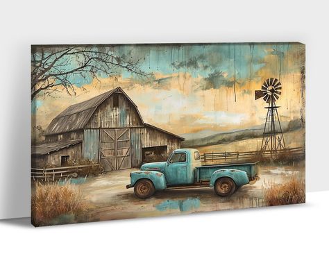 PRICES MAY VARY. 👏Farmhouse Truck Wall Decor Size - This Retro Farmhouse Truck canvas wall art measures 28x40 inches, Please measure the wall to choose the right canvas size before purchasing! Shop our wide selection of canvas wall art by color, size, or style, adding an amazing and distinctive effect to your home decoration. We consistently keep our canvas paintings with a stylish look! Bring art into your life! 🏡Say Goodbye to Boring Room: Every American family has nostalgic memories of the Painting A House On Canvas, Primitive Art Painting, Old Farm Paintings, Barn Paintings On Canvas, Rustic Painting On Wood, Modern Rustic Wall Decor, Sketchbook Exercises, Autumn Posters, Farm Scene Painting