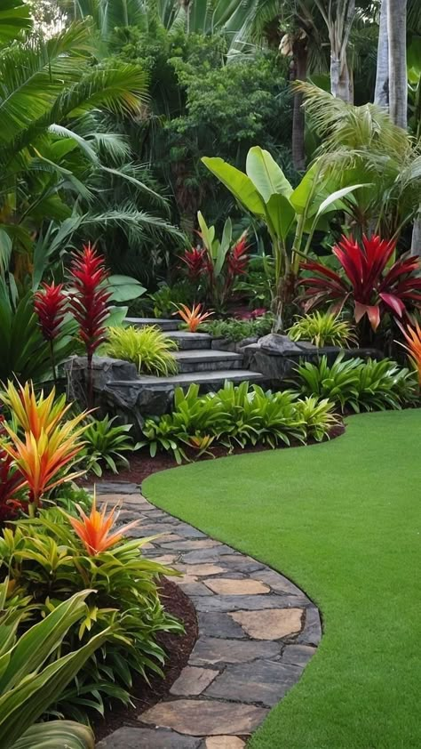 Flower Garden Ideas In Front Of House, Florida Garden Ideas, Pool Garden Ideas, Tropical Landscaping Ideas, Tropical Backyard Landscaping, Tropical Landscape Design, Florida Landscape, Florida Landscaping, Front Yard Landscaping Pictures