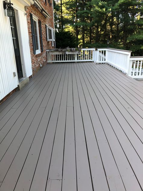 Gray Painted Deck, Grey Deck Stain Colors, Painted Deck Colors Ideas, Light Grey Decking Paint, Painted Deck White House, Porch Colors For Tan House, Painted Decks Colors Ideas Gray, Deck Colours Paint Colors, Beige Deck Paint