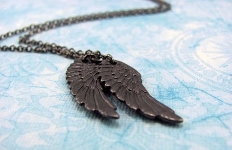 Wings Necklace in Gunmetal Fallen Angel Jewelry by LuvCherie Castiel Necklace, Gothic Winged Jewelry Gift, Castiel Wings, Supernatural Castiel Wings, Raven Wings, Angel Wing Necklace Silver, The Fallen Angel, Teen Jewelry, Angel Jewelry