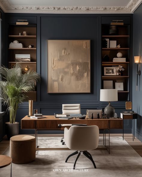 Deep Blue Room, Modern Classic Office, Wall Art Template, Luxury Home Office, Law Office Design, Blue Home Offices, Wall Art Luxury, Law Office Decor, Home Bar Rooms