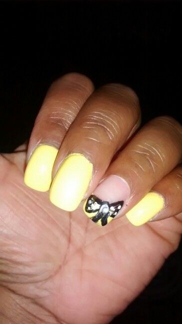 Yellow Nail Design with a bow. Diamond in the middle of bow. For all the beautiful and classy ladies. Yellow Nails Design, Yellow Nail, Yellow Nails, Classy Women, Nail Design, In The Middle, The Middle, Nail Designs, Nails