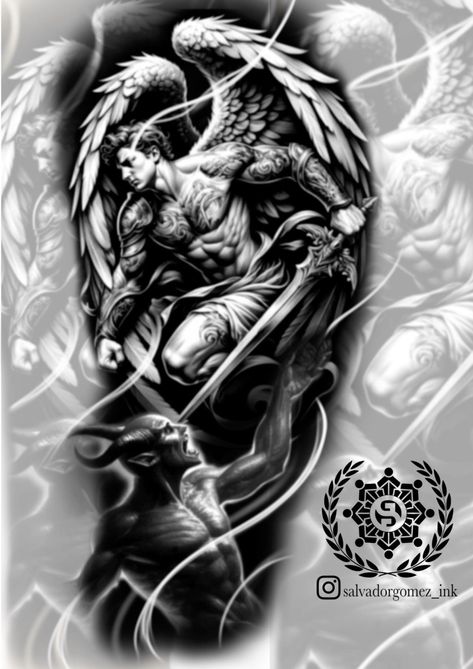 Angel And Demon Tattoo Design, Angel Vs Demon Tattoo Design, Angle Tattoo Design, Angel And Demon Tattoo, Angel Vs Demon, Religious Tattoo Design, Angel Demon Tattoo, Jesus Tattoo Sleeve, Religious Tattoo Sleeves