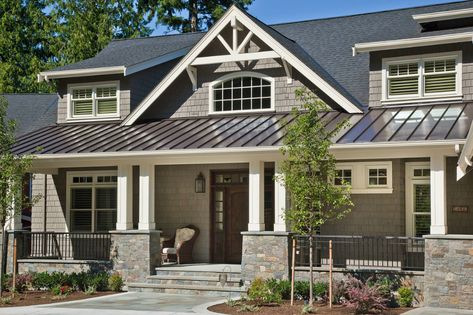 houzz.com Exterior House Doors, Grey Exterior House Colors, Exterior Siding Colors, Metal Roof Houses, Exterior House Colors With Brown Roof, Shingle Roof, Brown Roof, Siding Colors, Roof Colors