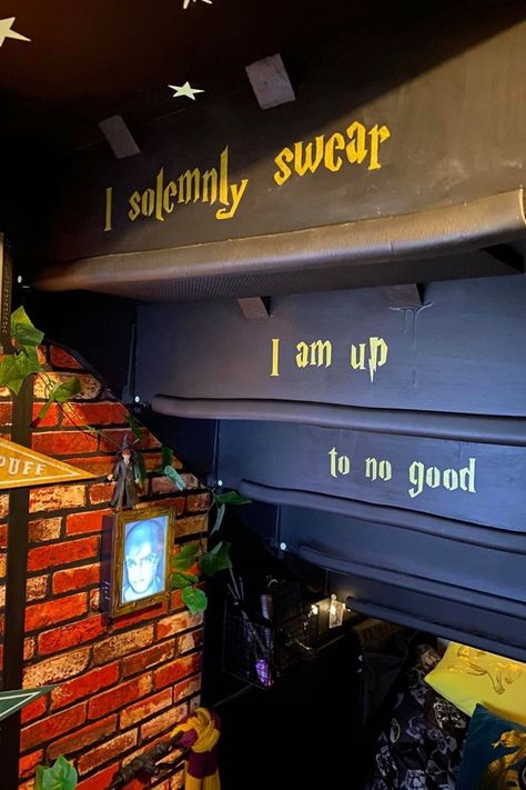 Harry Potter Dog Room, Harry Potter Themed Basement, Harry Potter Staircase Room, Harry Potter Under The Stairs Room Ideas, Harry Potter Closet Ideas, Secret Harry Potter Room, Cupboard Under Stairs Ideas Harry Potter, Harry Potter Basement Ideas, Boys Harry Potter Bedroom