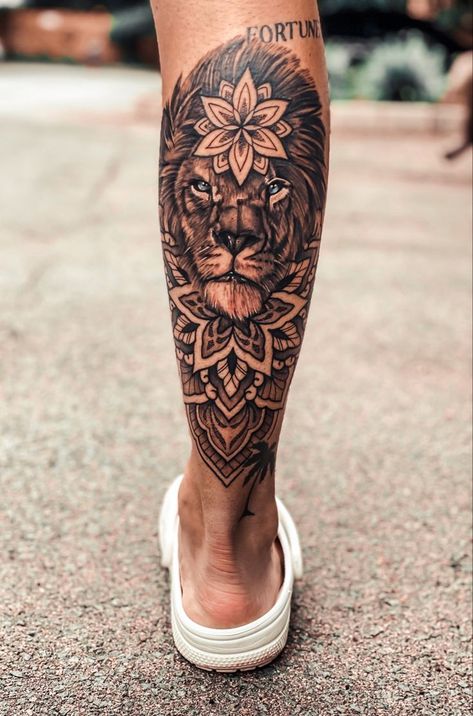 Lion Mandala Tattoo Men, Lion And Mandala Tattoo, Mens Lion Tattoo Leg, Unique Calf Tattoos, Men Shin Tattoo, Calf Tattoo Men Calves, Calf Muscle Tattoo For Women, Lion Leg Tattoo Men, Leg Tattoos For Men Calves