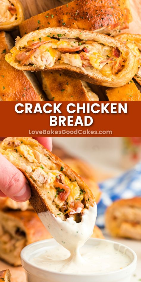 Crack Chicken Bread pin collage Chicken Bread Recipes, Chicken Stuffed Bread, Ranch Bread, Healthier Appetizers, Fingerfood Recipes, Different Chicken Recipes, Stuffed Breads, Food Rocks, Chicken Bread