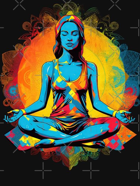 "Pop Art Meditation Woman In Lotus Yoga Pose Colorful Vibrant" T-shirt for Sale by aurora-hues | Redbubble | experience serenity in style with meditation bliss t-shirts - a pop art inspired graphic art featuring a woman in meditation pose bursting with vibrant colors t-shirts - this unique piece is a perfect mothers day t-shirts Meditation Pose Drawing, Yoga Day Painting, Yoga Pose Painting, Meditation Woman, Yoga Silouhette Painting, Woman Meditating Illustration, Meditation Painting, Yoga Art Painting, Chakra Meditation Painting