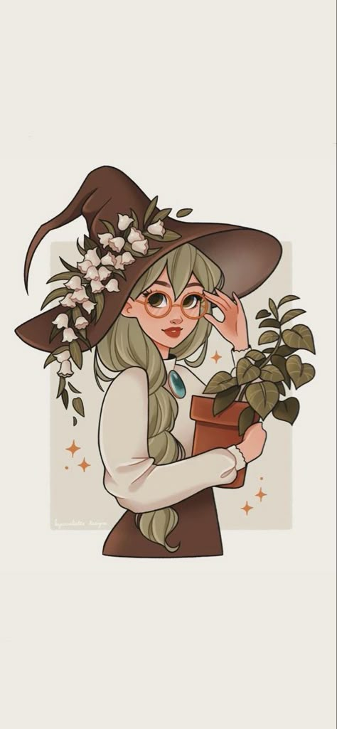 Autumn Witch Character Design, Kitchen Witch Drawing, Nature Witch Drawing, Garden Witch Drawing, Witch Reference Photo, Indie Witch Aesthetic, Green Witch Drawing, Cottagecore Witch Art, Plant Witch Art