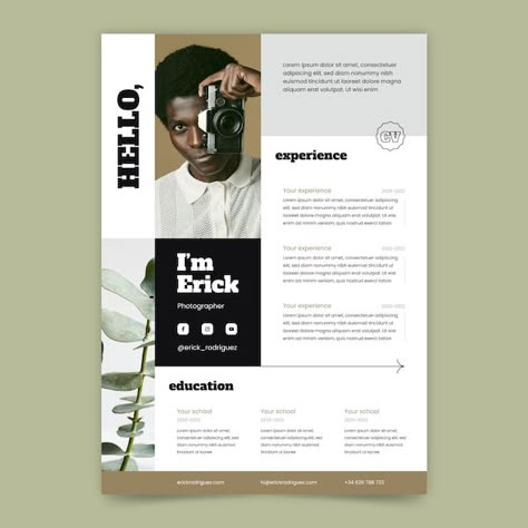 Photography Cv Design, Cv Design Photographer, Cv Photographer Creative Cv, Social Media Cv Template, Cv Architecture Student, Cv Original Design, Career Change Cover Letter, Layout Cv, Flat Photography