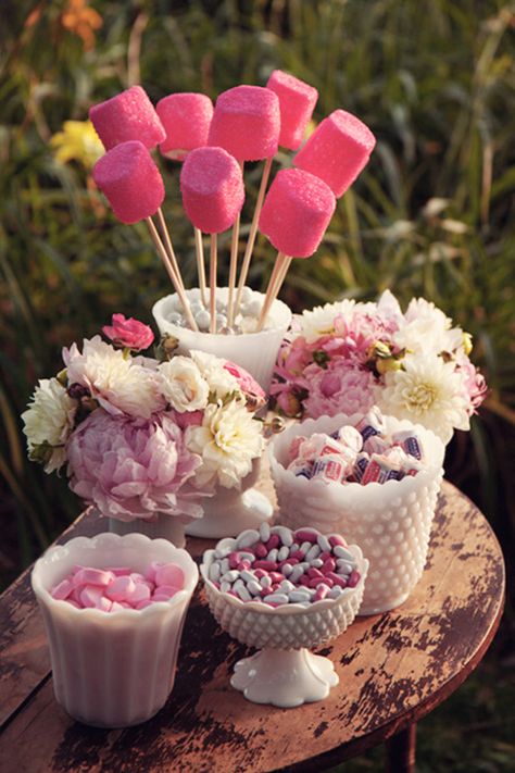 Blush pink wedding sweet arrangement; these are growing in popularity bringing Charlie in the Chocolate factory to your day almost. In some cases these displays can be used as favours, if you leave little paper bags next to the display saying "eat me, help yourself" (these are just little wedding favours). Pink Candy Bar, Milk Glass Centerpiece, Milk Glass Decor, Milk Glass Collection, Candy Display, Blush Pink Weddings, Candy Table, Wedding Candy, Glass Candy