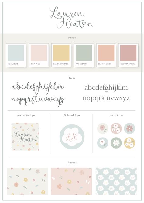 Pastel, floral, baby, fun, delicate, branding, brand package, patterns, graphic design, illustration, small business Pastel Branding Colour Palettes, Pastel Branding Design, Baby Branding, Pastel Branding, Pastel Brand Identity, Baby Branding Packaging, Baby Brand Identity, Baby Brand Logo Design, Baby Logo Branding