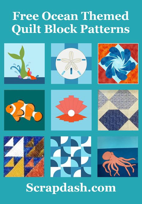 It's time for #QuiltBlockMania! Here are 17 different quilt block tutorials with an ocean theme. It's the June Block of the Month! For more like this, search #scrapdash Beach Quilt Blocks Free Pattern, Ocean Theme Quilts Under The Sea, Beach Quilt Blocks, Ocean Quilt Patterns Free, Ocean Themed Quilts, Fish Quilt Patterns Free, Ocean Quilt Pattern, Fish Quilt Block, Mountain Quilt Block