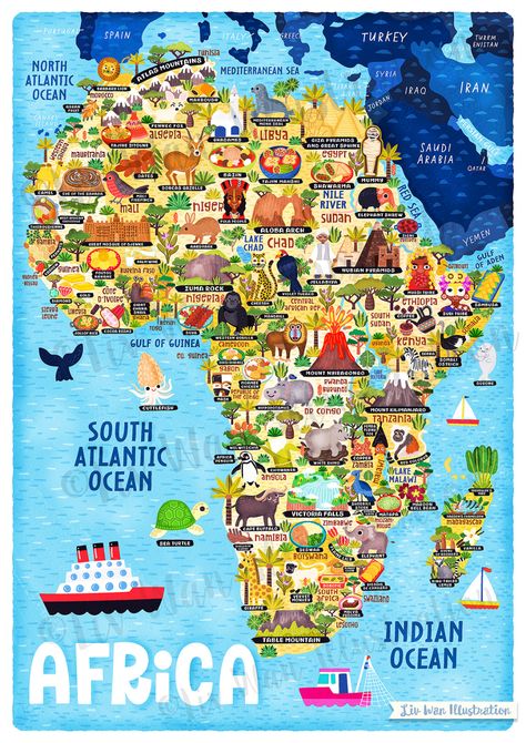 Map Of Africa, Map Puzzle, African Map, Afrique Art, Cute Illustrations, Country Names, World Geography, Africa Map, Illustrated Map