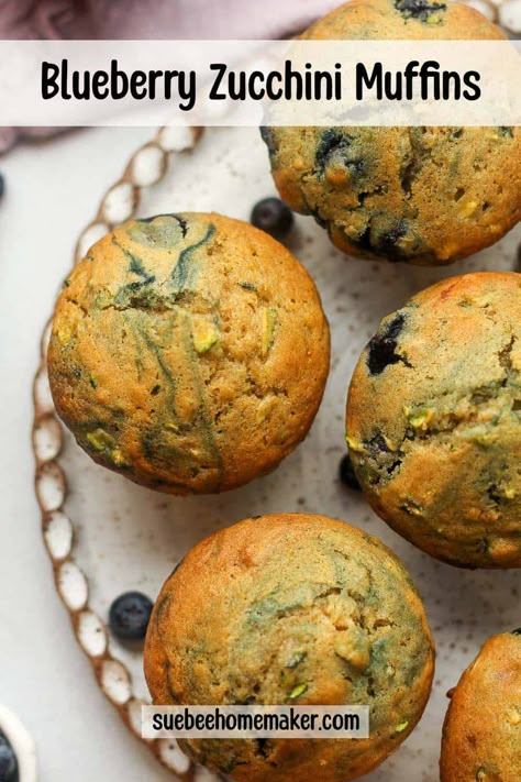 These moist muffins are full of fresh zucchini and frozen blueberries. Moist and healthier too! Blueberry Zucchini Muffins Healthy, Zucchini Blueberry Muffins, Blueberry Zucchini Recipes, Frozen Zucchini Recipes, Blueberry Zucchini Muffins, Carrot Zucchini Muffins, Blueberry Yogurt Muffins, Zucchini Muffins Healthy, Banana Zucchini Muffins